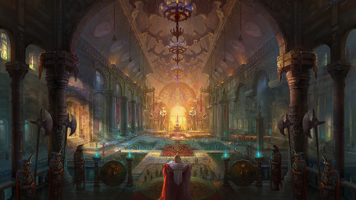 Fantasy throne room with guards and a figure in red