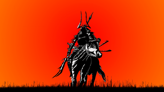 Samurai warrior on horseback against an orange sky