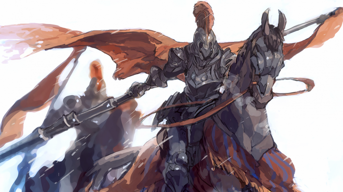Anime knight in armor on horseback with lance