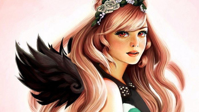 Anime girl with pink hair and black feathers