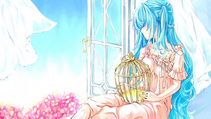 Hatsune Miku with a birdcage by the window