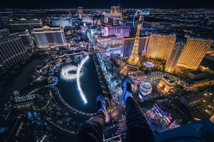 Aerial view of Las Vegas Strip at night with fountains