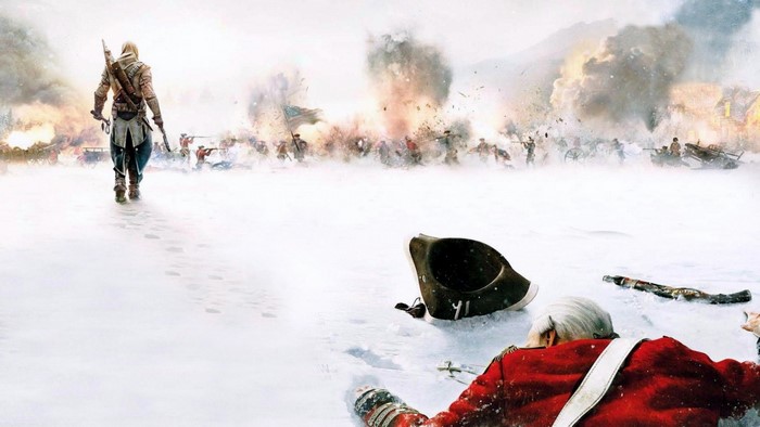 Connor Kenway from Assassin's Creed III in a snowy battle