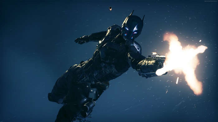Batman from DC Comics firing a gun in Arkham Knight