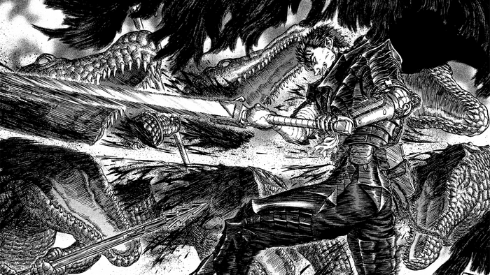 Guts from Berserk fighting crocodiles