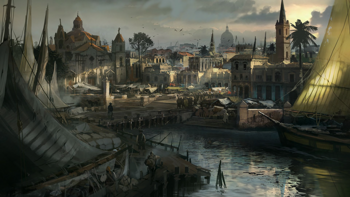 Port city with ships and buildings at sunset