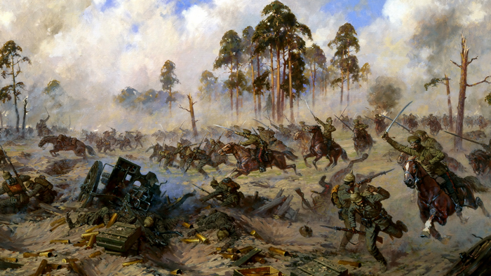 World War I battle scene with cavalry charge