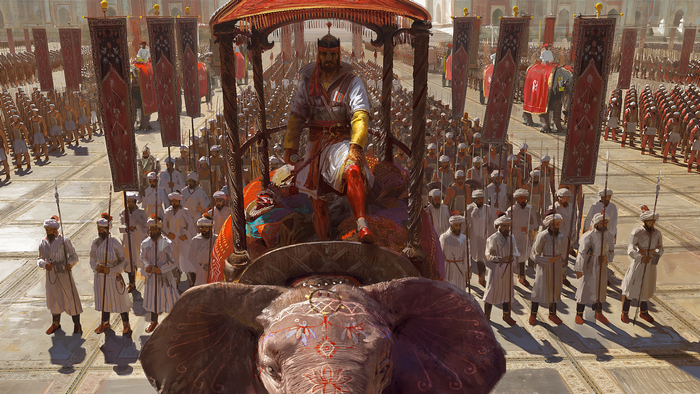 Emperor on Elephant Procession with Army and Banners