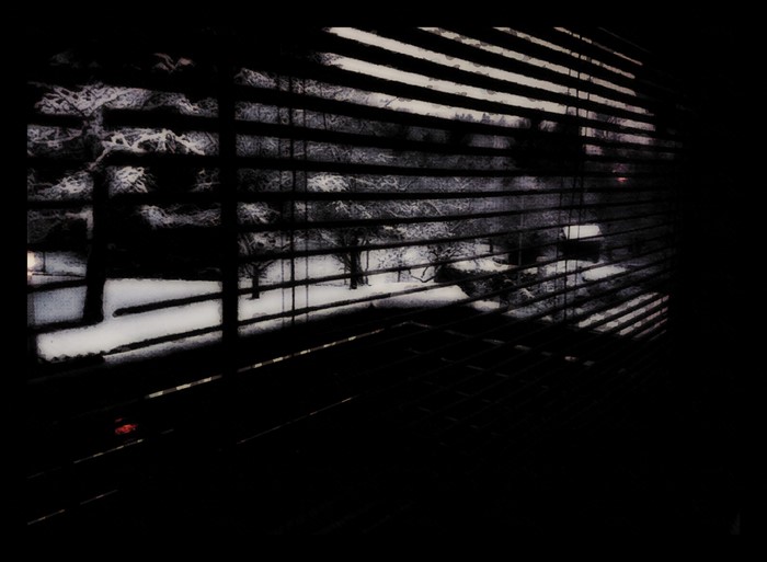 View through blinds of a snowy landscape at night