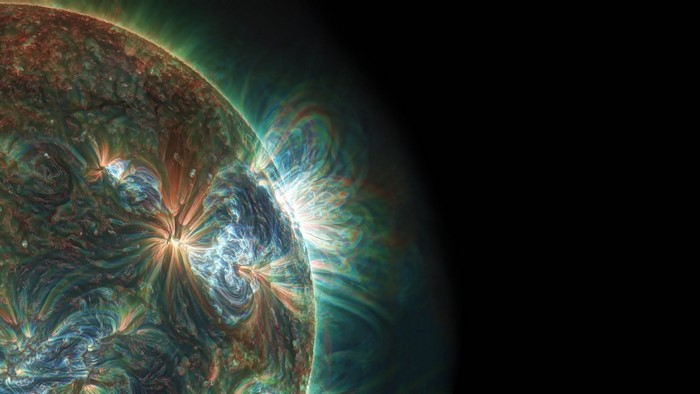 Close-up of the Sun's surface with solar flares