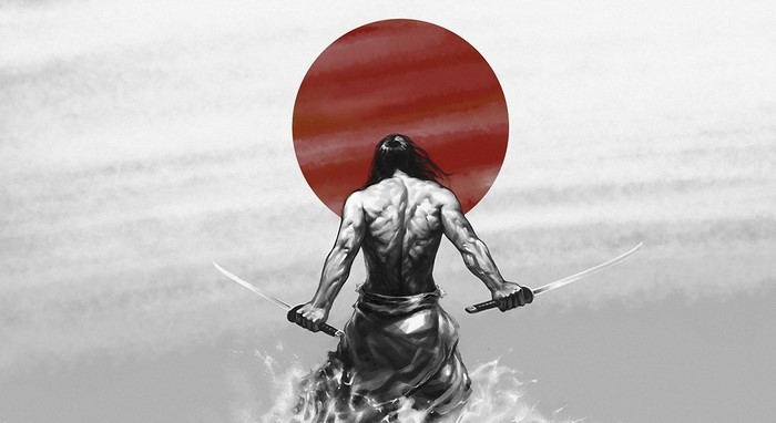 Samurai warrior with two swords in front of red sun