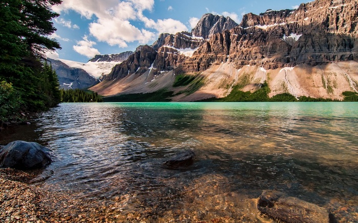 Turquoise lake and rocky mountains with trees