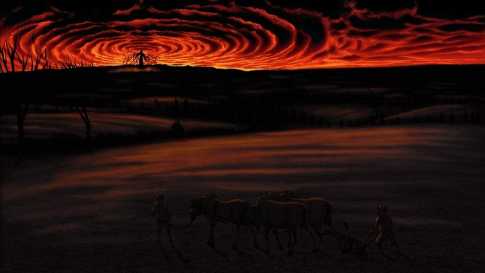 Ganishka from Berserk during a fiery sunset