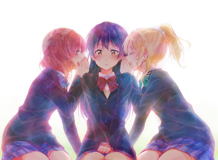 Three anime girls in school uniforms whispering secrets
