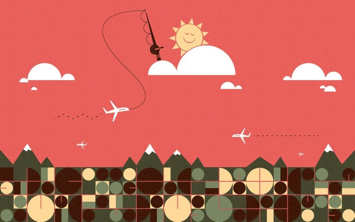 Illustration of airplanes flying over geometric mountains with a fishing sun