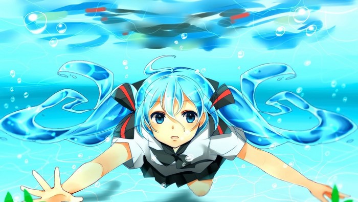 Hatsune Miku from Vocaloid swimming underwater
