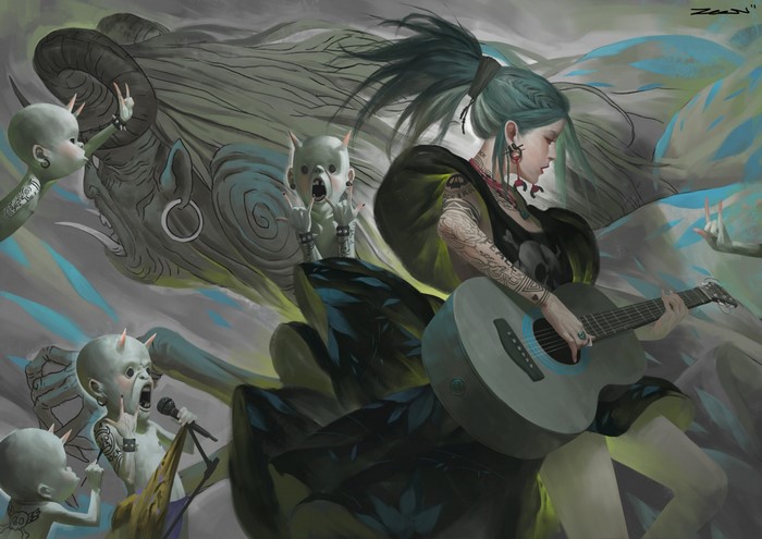 Girl playing guitar with demonic babies and a large creature