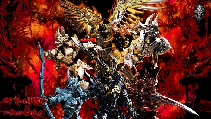 Garo characters in battle poses with fiery background