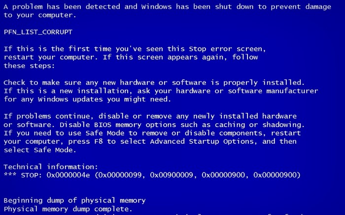 Windows Blue Screen of Death PFN_LIST_CORRUPT Error