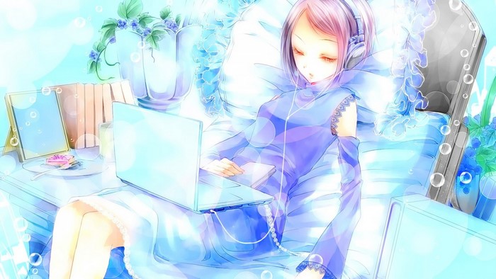 Anime girl with headphones using a laptop
