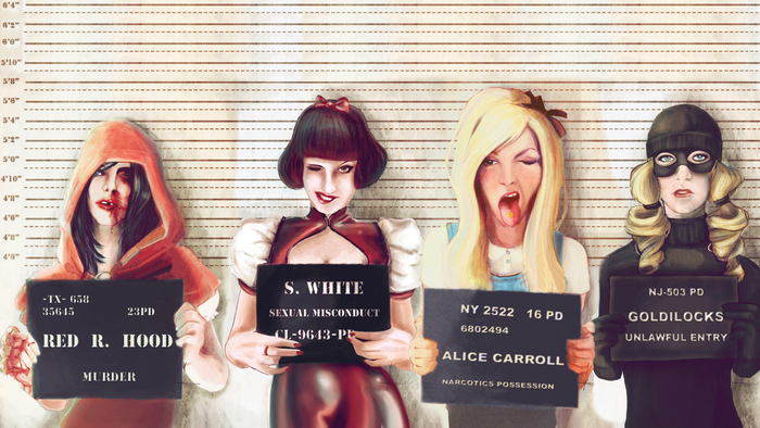 Red R. Hood, S. White, Alice Carroll, Goldilocks Mugshots