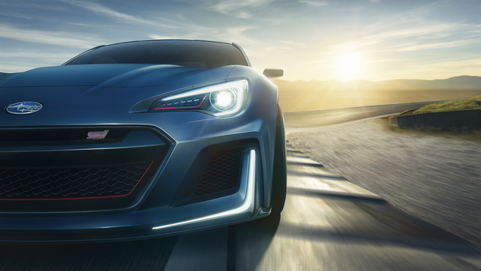 Subaru BRZ STI concept car on a race track at sunset