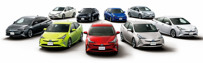 Multiple Toyota Prius cars in various colors
