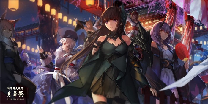 Anime girls in Japanese clothes at a festival