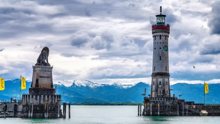 Lindau Lighthouse and Lion Statue on Lake Constance