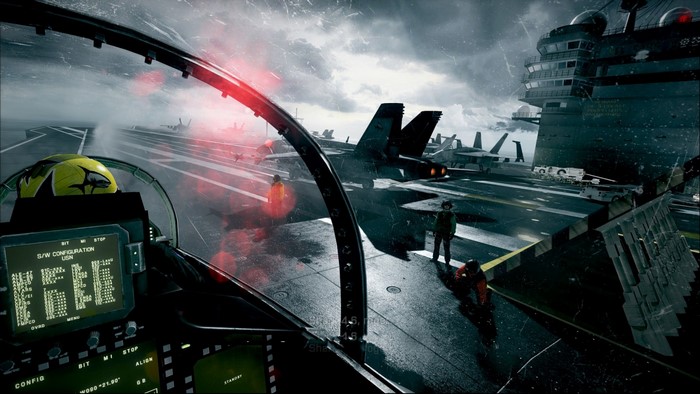 Cockpit view of F/A-18 on aircraft carrier in Battlefield 3