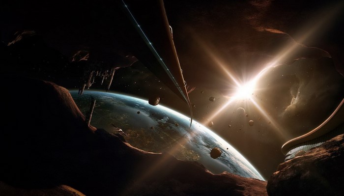 Futuristic space station orbiting Earth with a bright sun