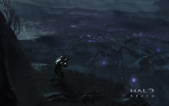 Master Chief from Halo Reach on a dark planet