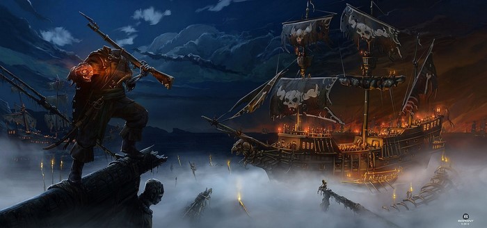 Ghost pirate captain with glowing skull and ship