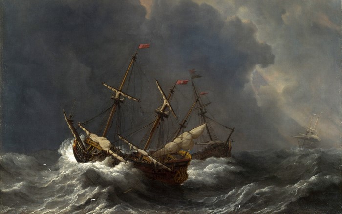 Painting of sailing ships in a stormy sea