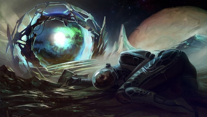 Astronaut lying on alien planet near portal