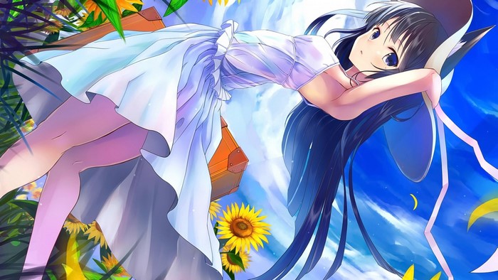Anime girl in a white dress with sunflowers