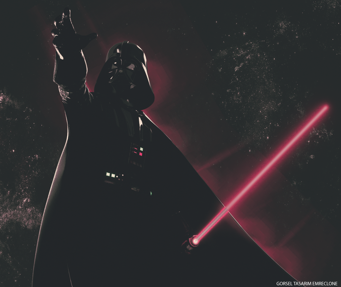 Darth Vader with red lightsaber in space