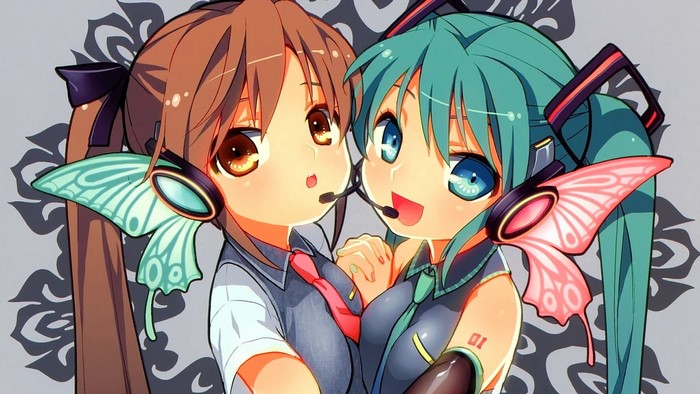 Two anime girls with headphones and butterfly wings
