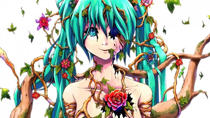Hatsune Miku covered in vines and flowers