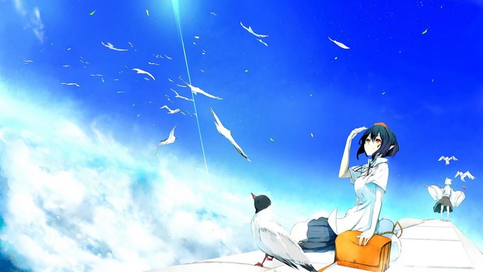 Anime girls and birds in the sky