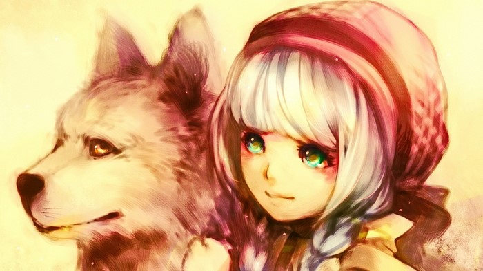 Anime girl with white hair and a wolf