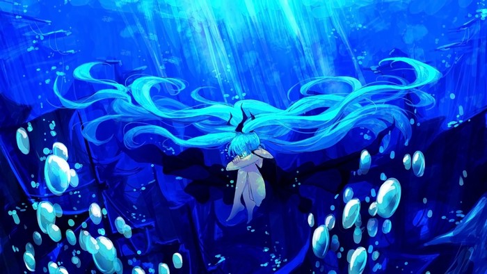 Hatsune Miku underwater with long blue hair