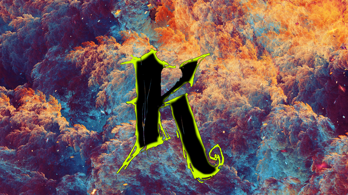 Abstract fractal clouds with a black and neon green letter K