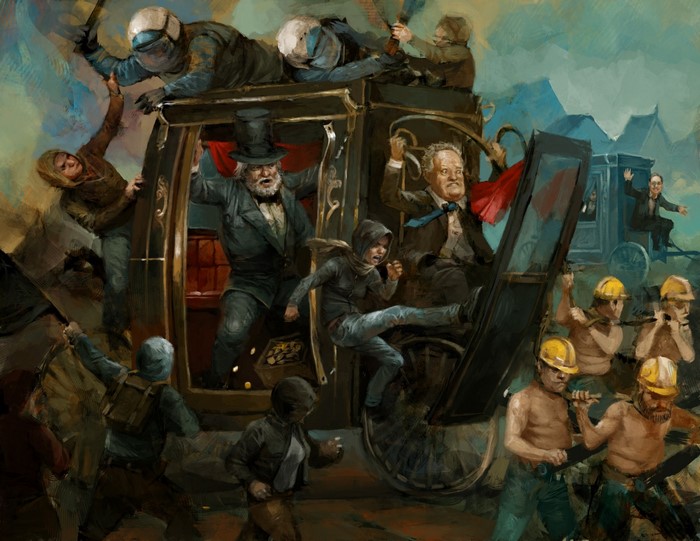 Anarchy artwork depicting a stagecoach robbery
