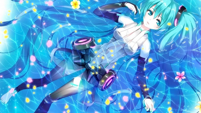 Hatsune Miku Floating in Water with Light Effects