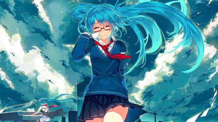 Hatsune Miku in a school uniform with glasses