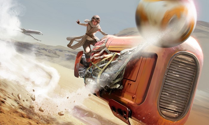 Rey and BB-8 from Star Wars on a speeder