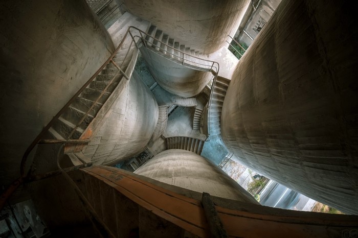 Concrete silos with spiral staircases