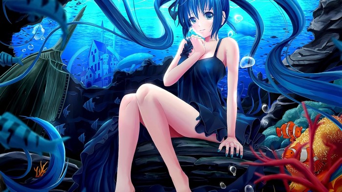 Hatsune Miku underwater with shipwreck and castle
