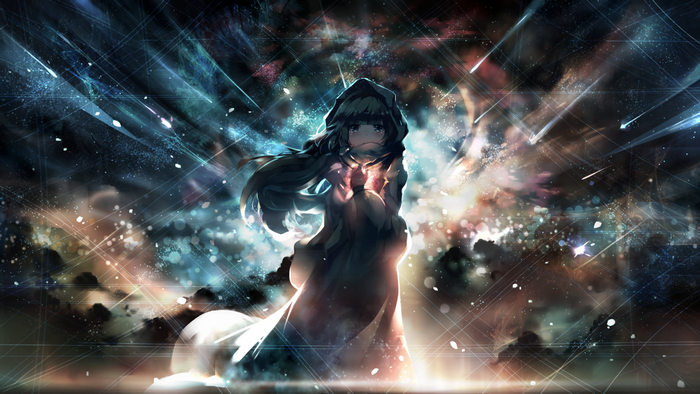 Anime girl in a hood in outer space